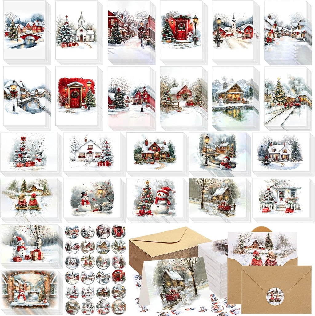 Tenceur 240 Sets Christmas Cards with Envelopes Set Snow Merry Christmas Greeting Cards Bulk Happy Holiday Postcards for Winter Season Gift Xmas New Year Party Favors, 24 Designs