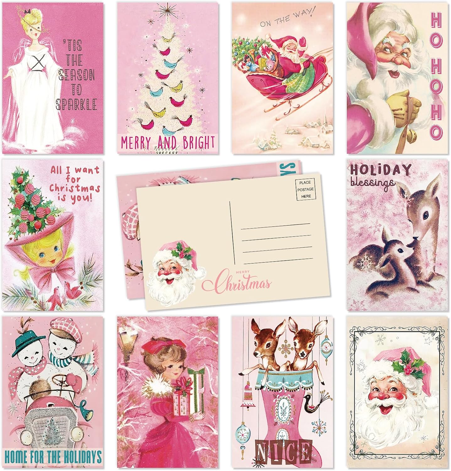 Whaline 40Pcs Christmas Postcards Pink Santa Snowman Deer Post Cards Assortment 10 Designs Xmas Greeting Cards for Winter Holidays Birthday, 4 x 6 Inch