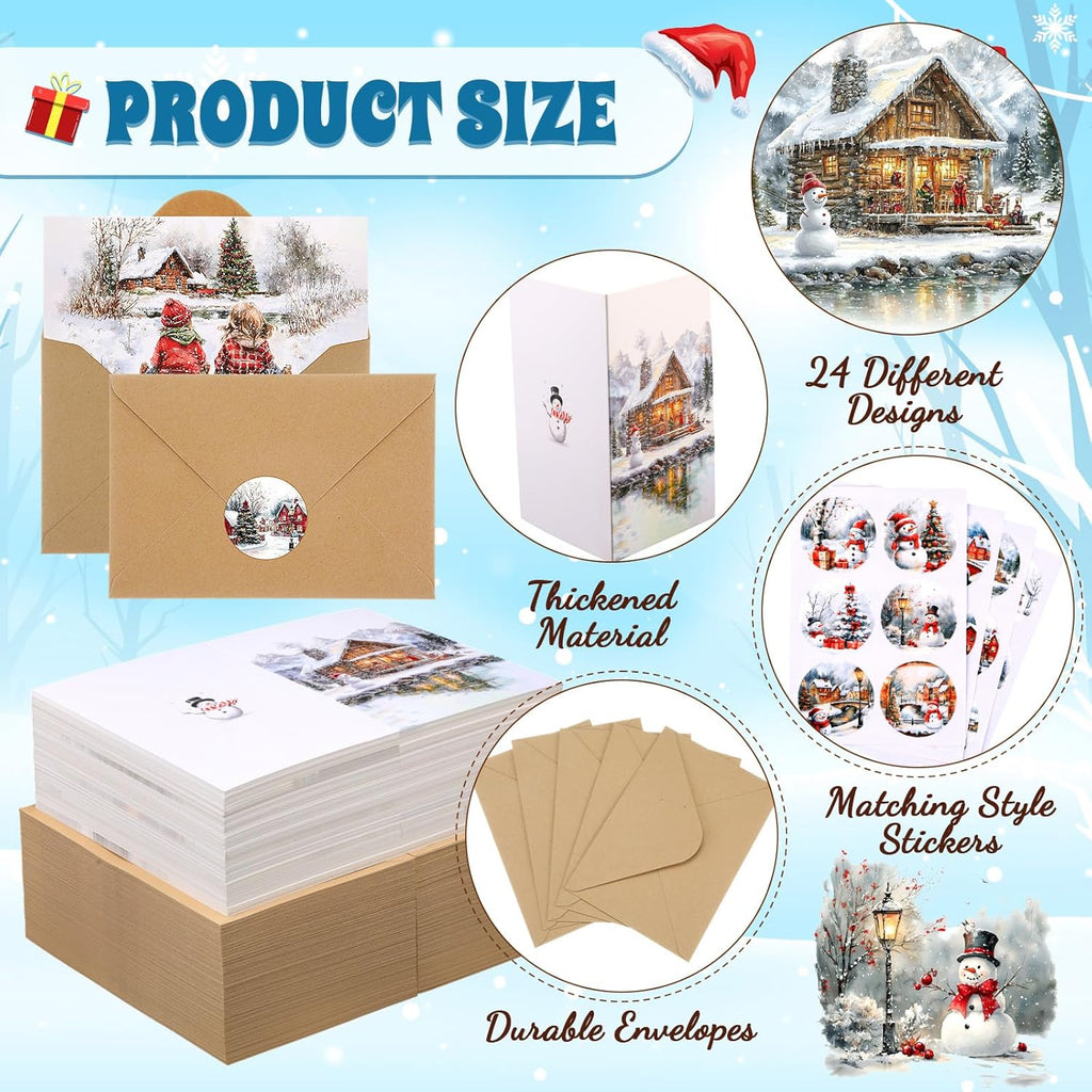 Tenceur 240 Sets Christmas Cards with Envelopes Set Snow Merry Christmas Greeting Cards Bulk Happy Holiday Postcards for Winter Season Gift Xmas New Year Party Favors, 24 Designs