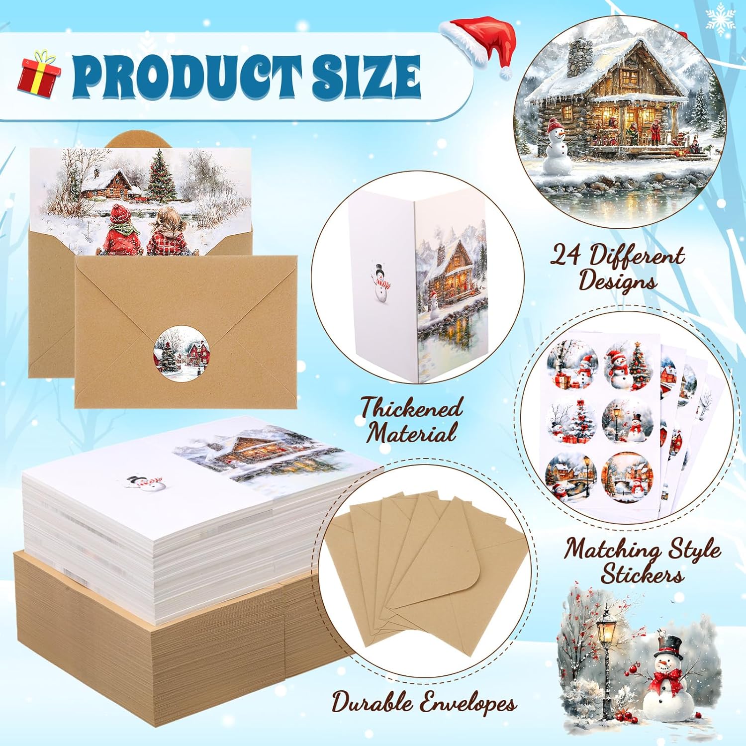 Tenceur 240 Sets Christmas Cards with Envelopes Set Snow Merry Christmas Greeting Cards Bulk Happy Holiday Postcards for Winter Season Gift Xmas New Year Party Favors, 24 Designs