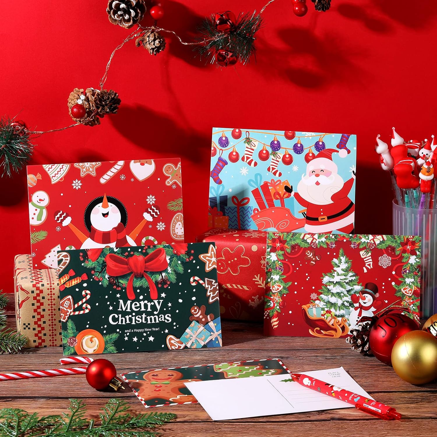 Junkin 80 Pack Christmas Postcards Merry Christmas Greeting Postcards Xmas Tree Snowman Santa Claus Cards for Holiday Xmas Wishes Party Favors, 4 x 6 Inch (Santa Claus)