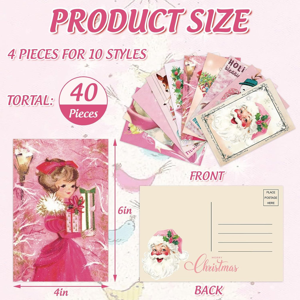 Whaline 40Pcs Christmas Postcards Pink Santa Snowman Deer Post Cards Assortment 10 Designs Xmas Greeting Cards for Winter Holidays Birthday, 4 x 6 Inch