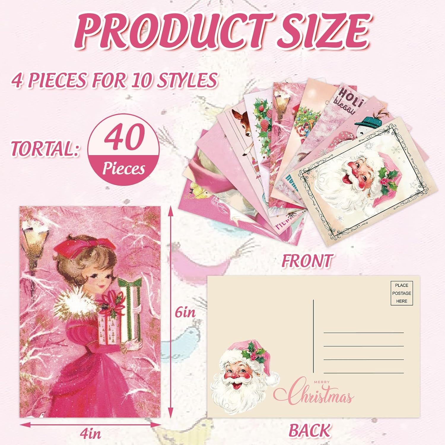 Whaline 40Pcs Christmas Postcards Pink Santa Snowman Deer Post Cards Assortment 10 Designs Xmas Greeting Cards for Winter Holidays Birthday, 4 x 6 Inch