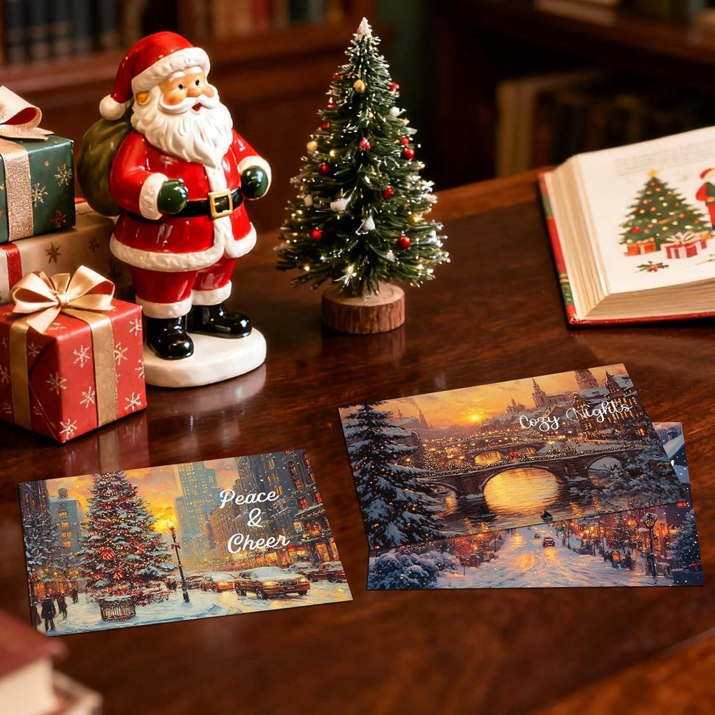 Nuanchu 80 Pcs Vintage Christmas Cards Bulk 4 x 6 Inch City Snow Scene Postcards Retro Winter Blank Greeting Cards for Xmas Holiday Party Home Friends Family