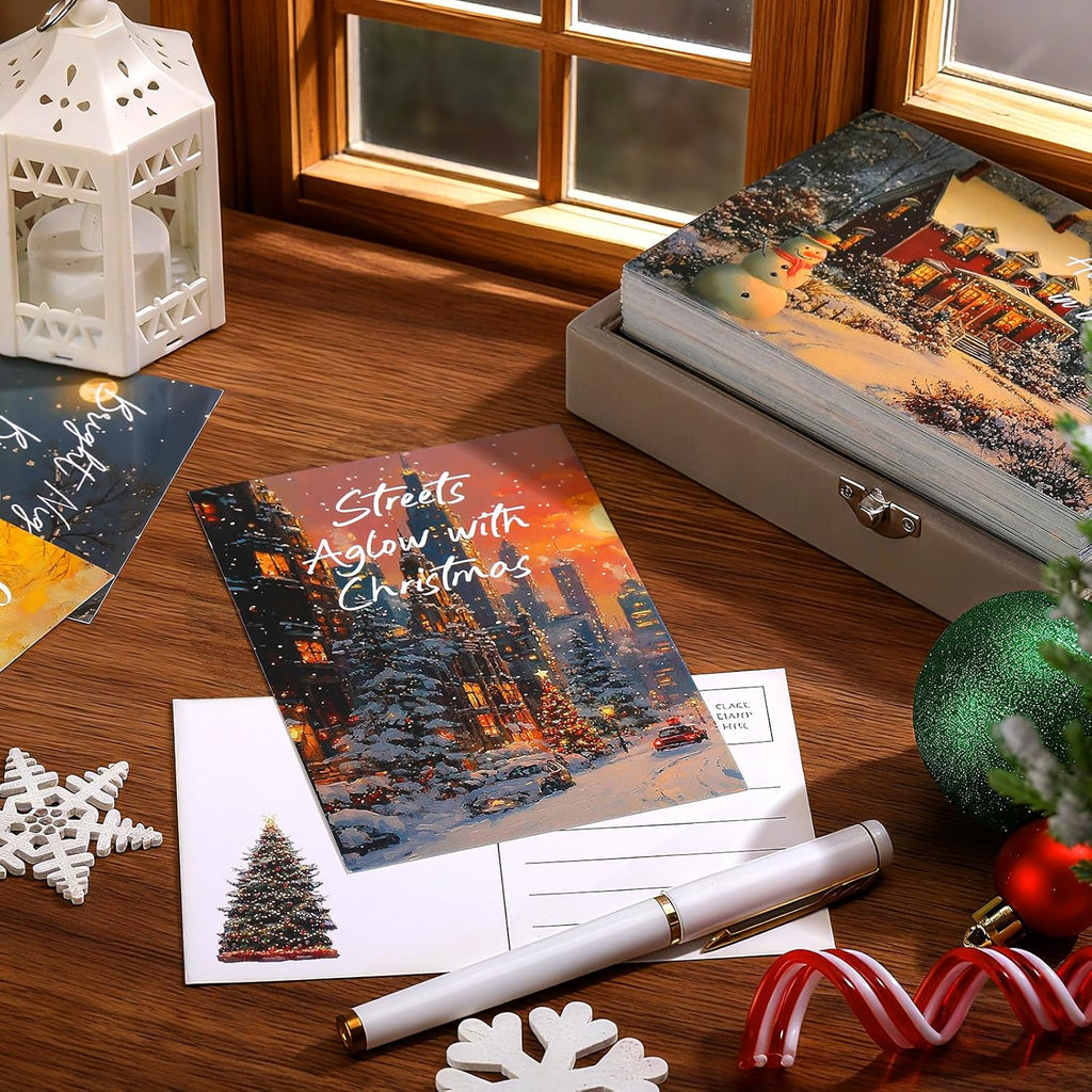 Nuanchu 80 Pcs Vintage Christmas Cards Bulk 4 x 6 Inch City Snow Scene Postcards Retro Winter Blank Greeting Cards for Xmas Holiday Party Home Friends Family