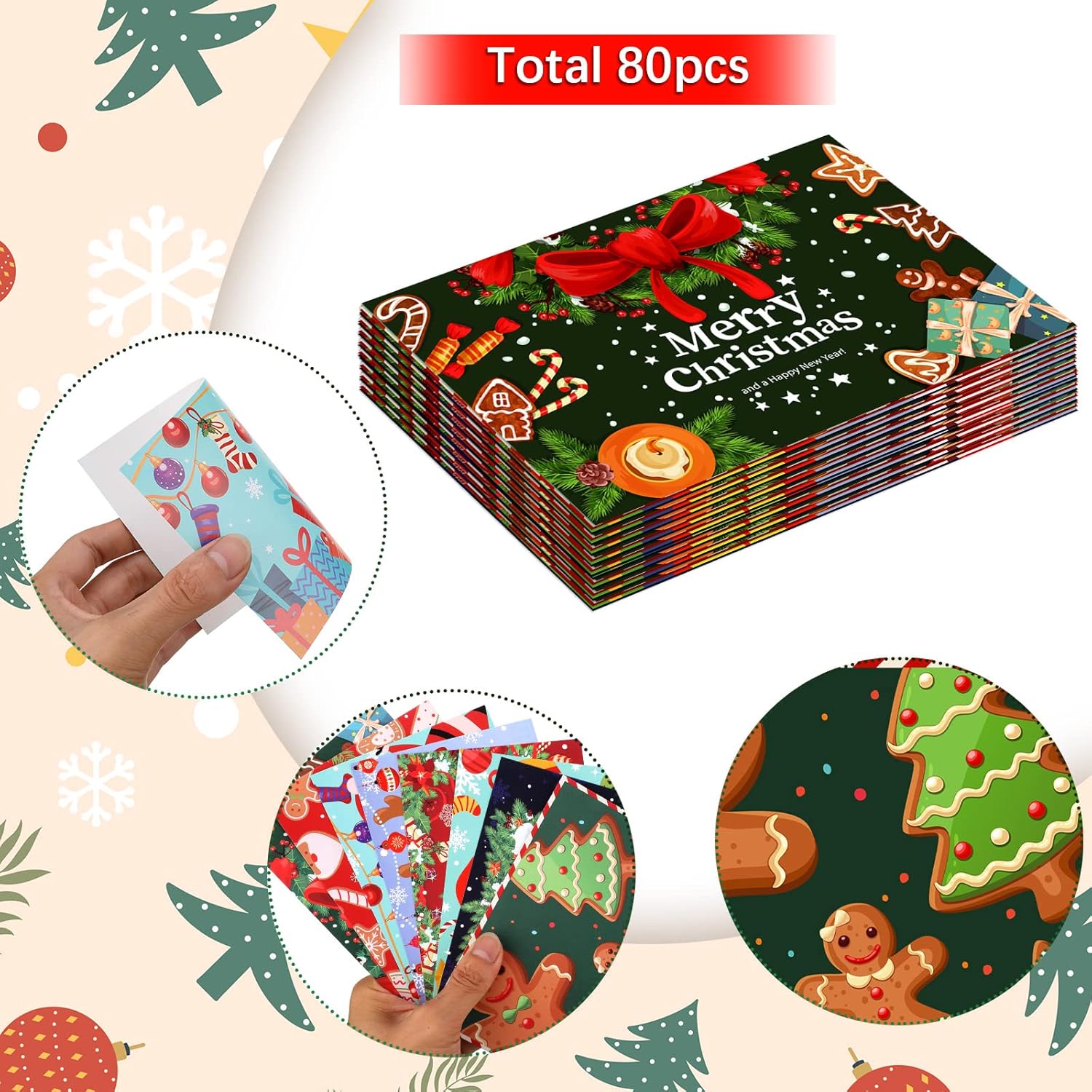 Junkin 80 Pack Christmas Postcards Merry Christmas Greeting Postcards Xmas Tree Snowman Santa Claus Cards for Holiday Xmas Wishes Party Favors, 4 x 6 Inch (Santa Claus)