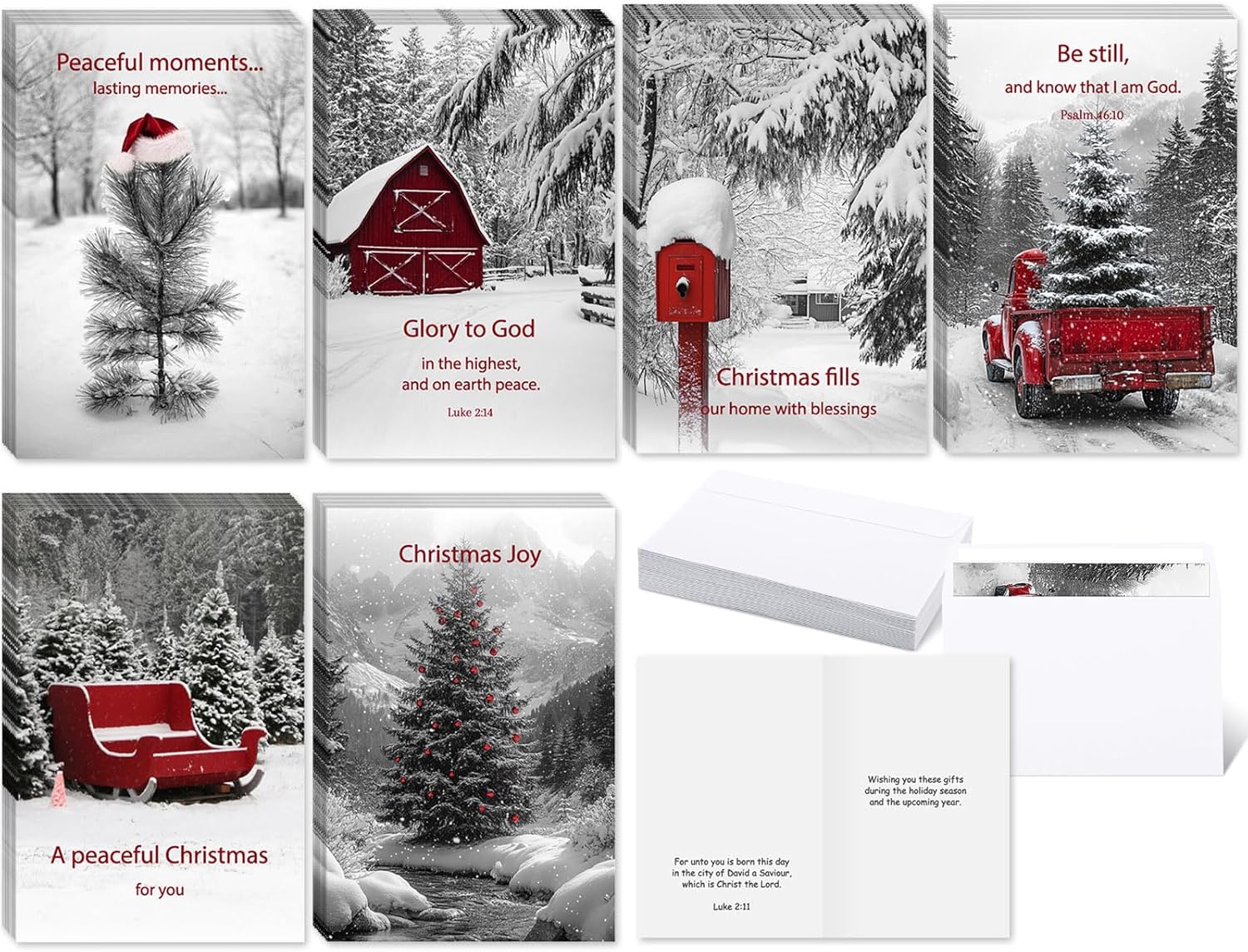 Yexiya 120 Packs Religious Christmas Cards Bulk with Scripture Verse Black and White Xmas Greeting Postcards with Envelopes Winter Snowy Scene Holidays Note Cards, 4 x 6 Inch, 6 Designs Assorted