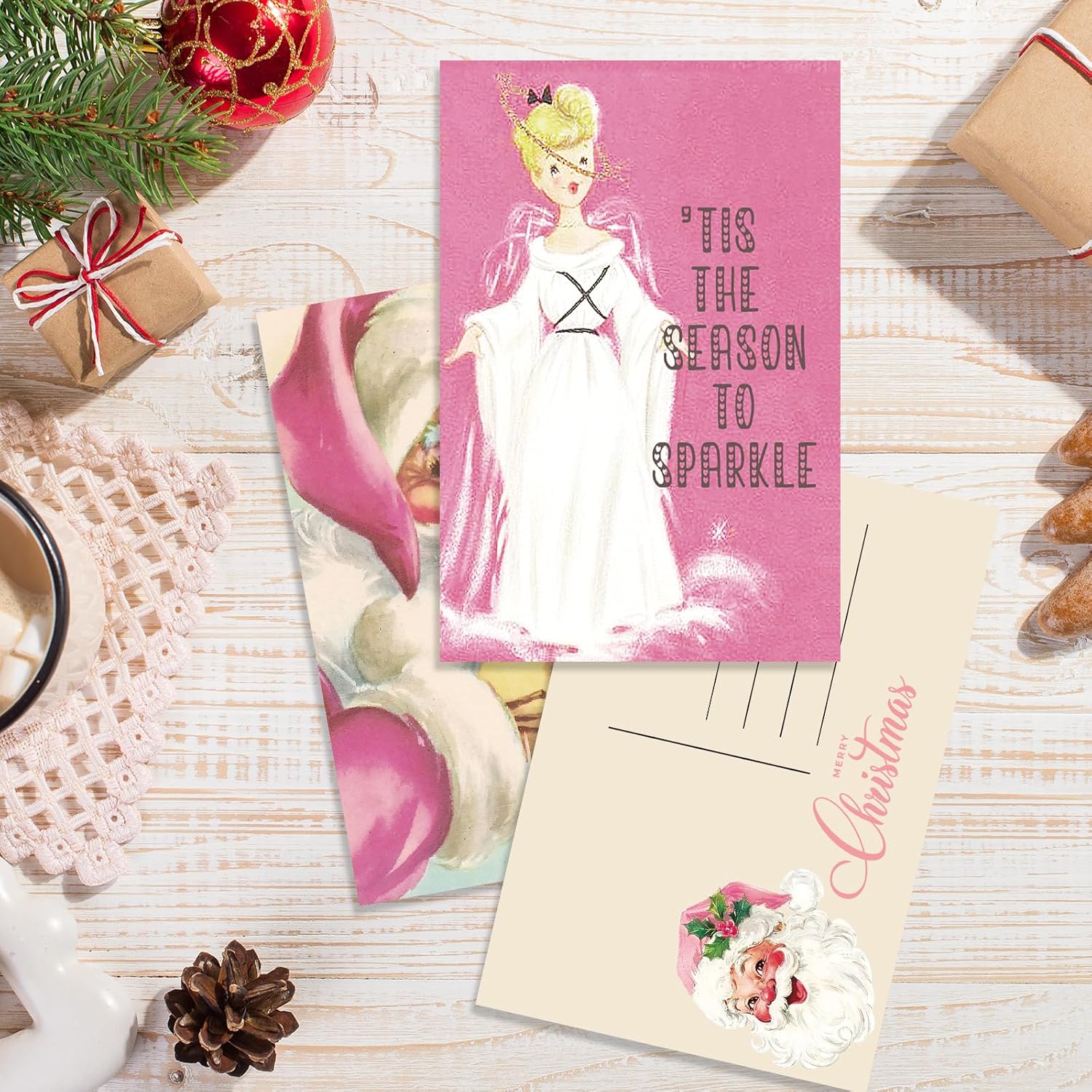 Whaline 40Pcs Christmas Postcards Pink Santa Snowman Deer Post Cards Assortment 10 Designs Xmas Greeting Cards for Winter Holidays Birthday, 4 x 6 Inch